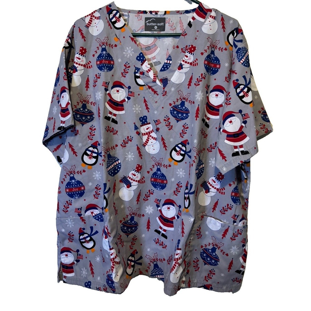 Buttersoft XL Patriotic USA Christmas Scrub Top Shirt Americana Flag Light Gray